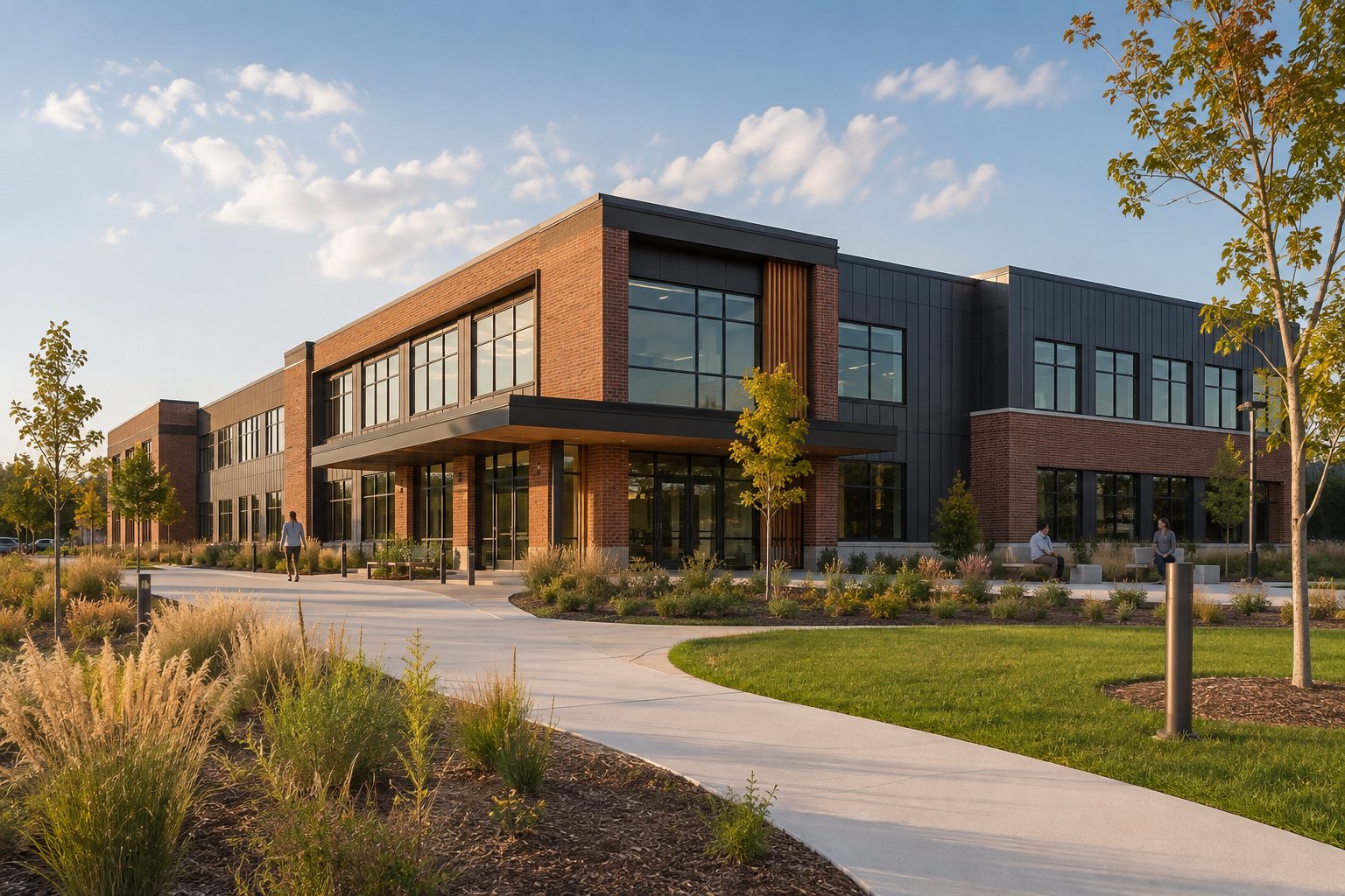 Commercial building exterior with landscaped entrance
