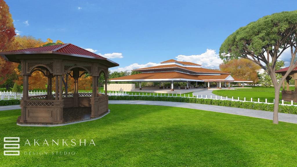 Community park gazebo with seasonal landscaping