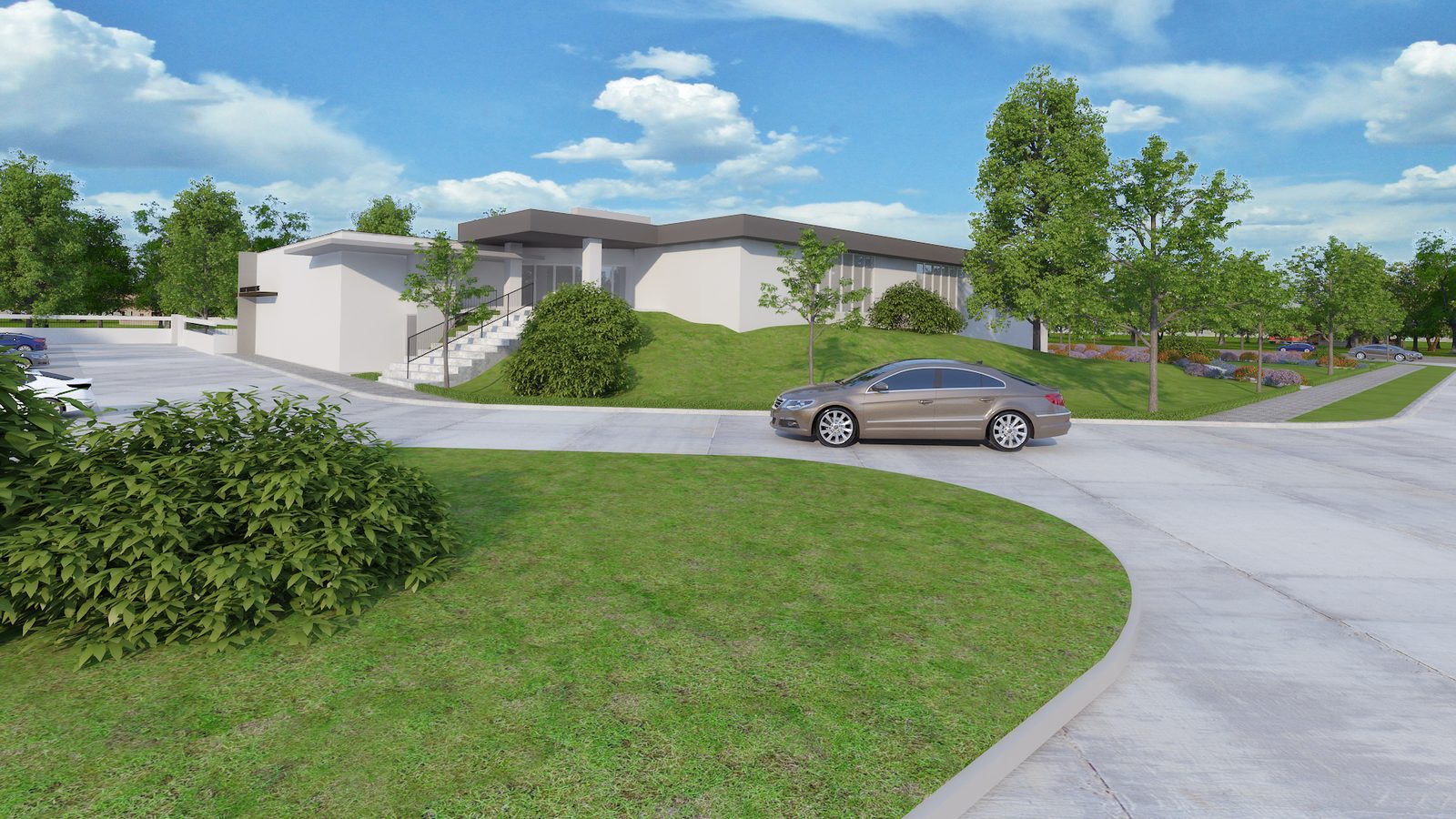 Modern single-story residence with circular motor court, Michigan