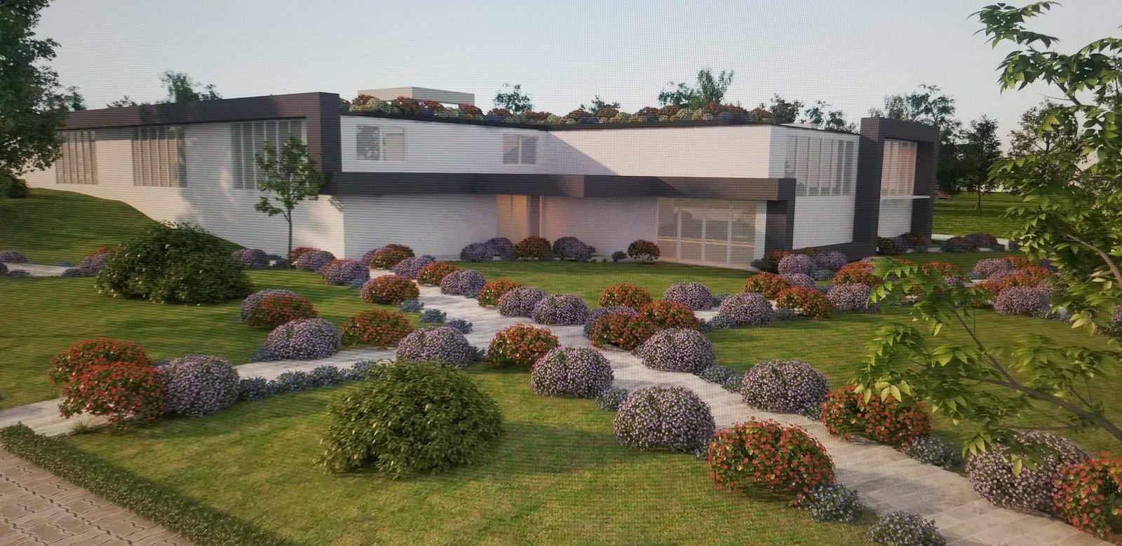 Modern residence with landscaped garden pathways